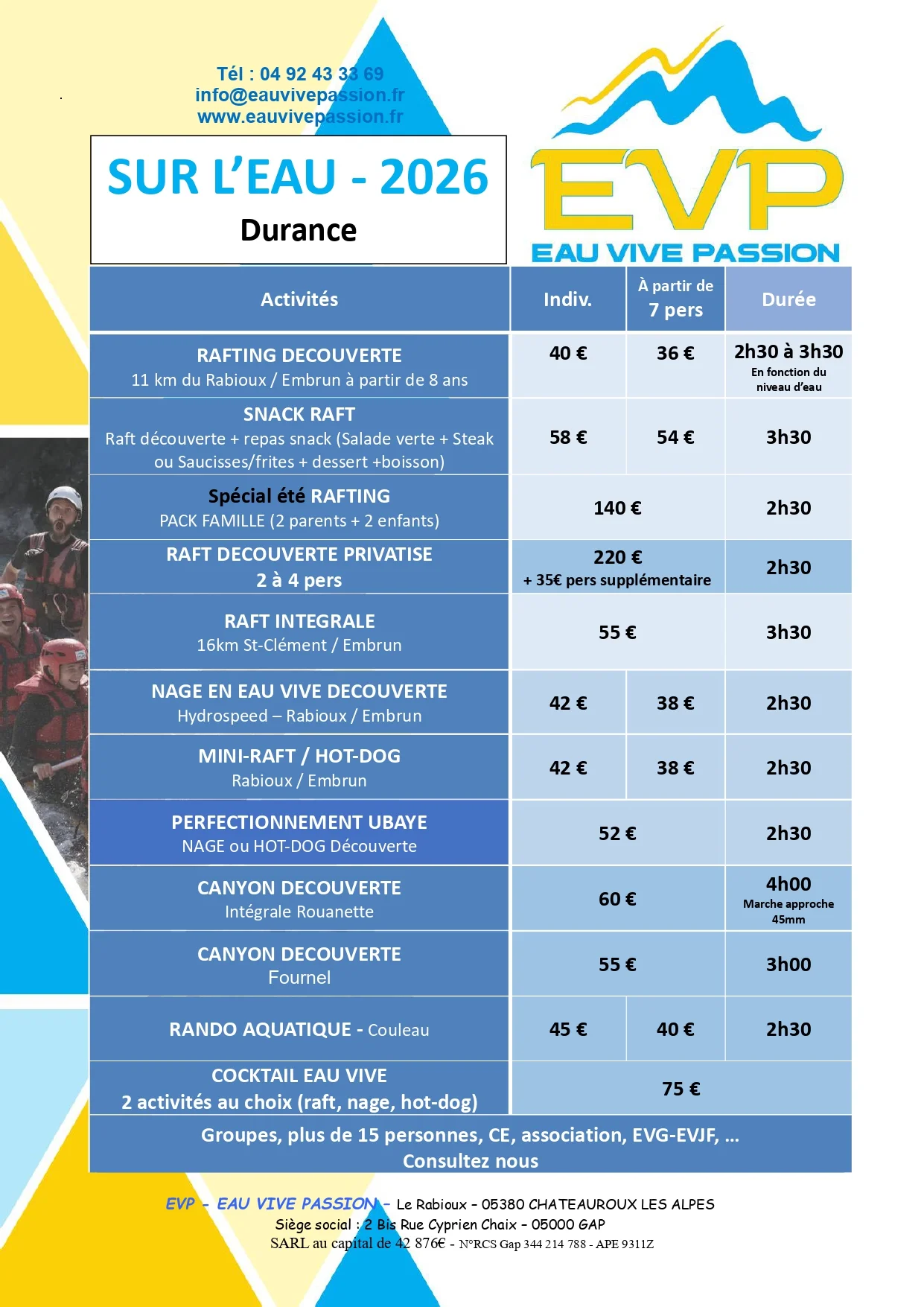 Tarifs 2026 EVP eau vive Durance