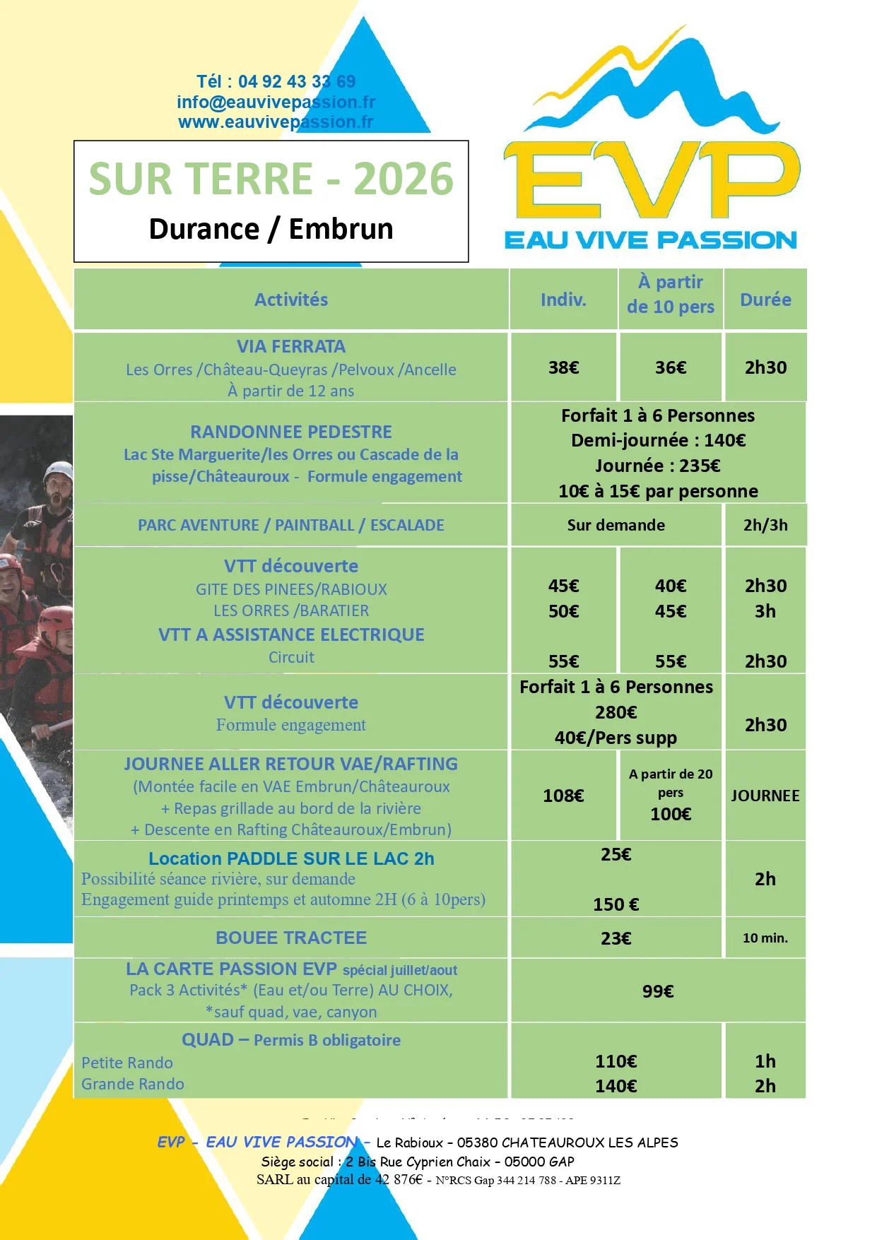 Tarifs 2026 EVP montagne Durance