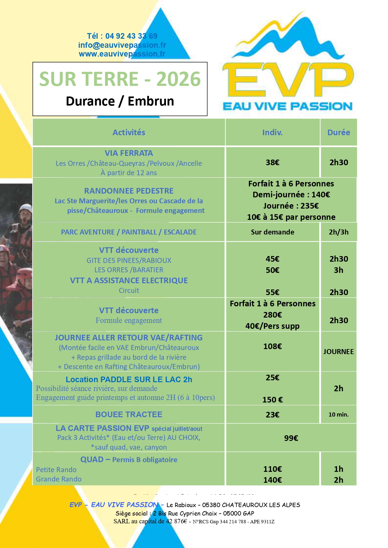 Tarifs 2026 EVP montagne Durance