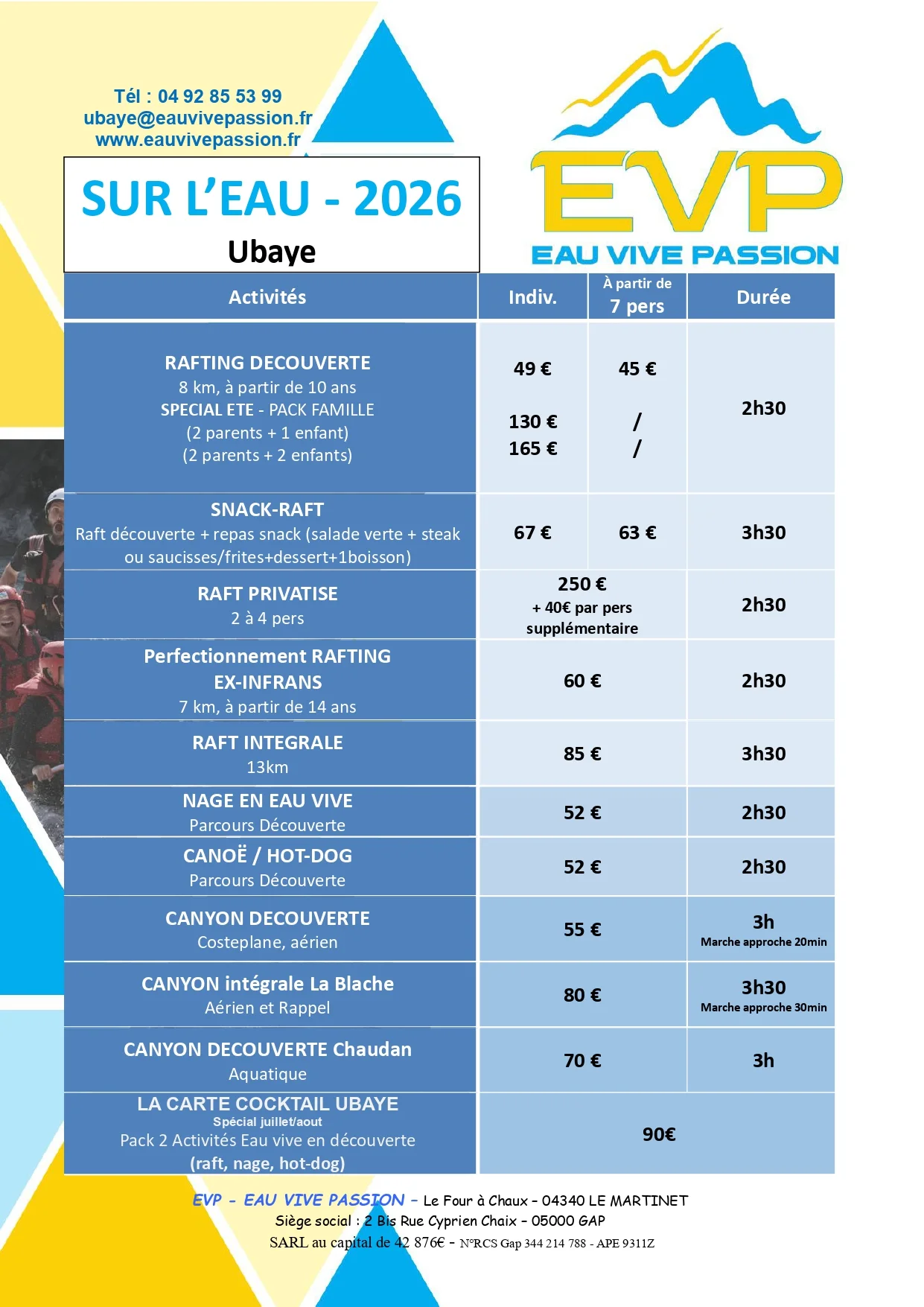 Tarifs 2026 EVP eau vive Ubaye