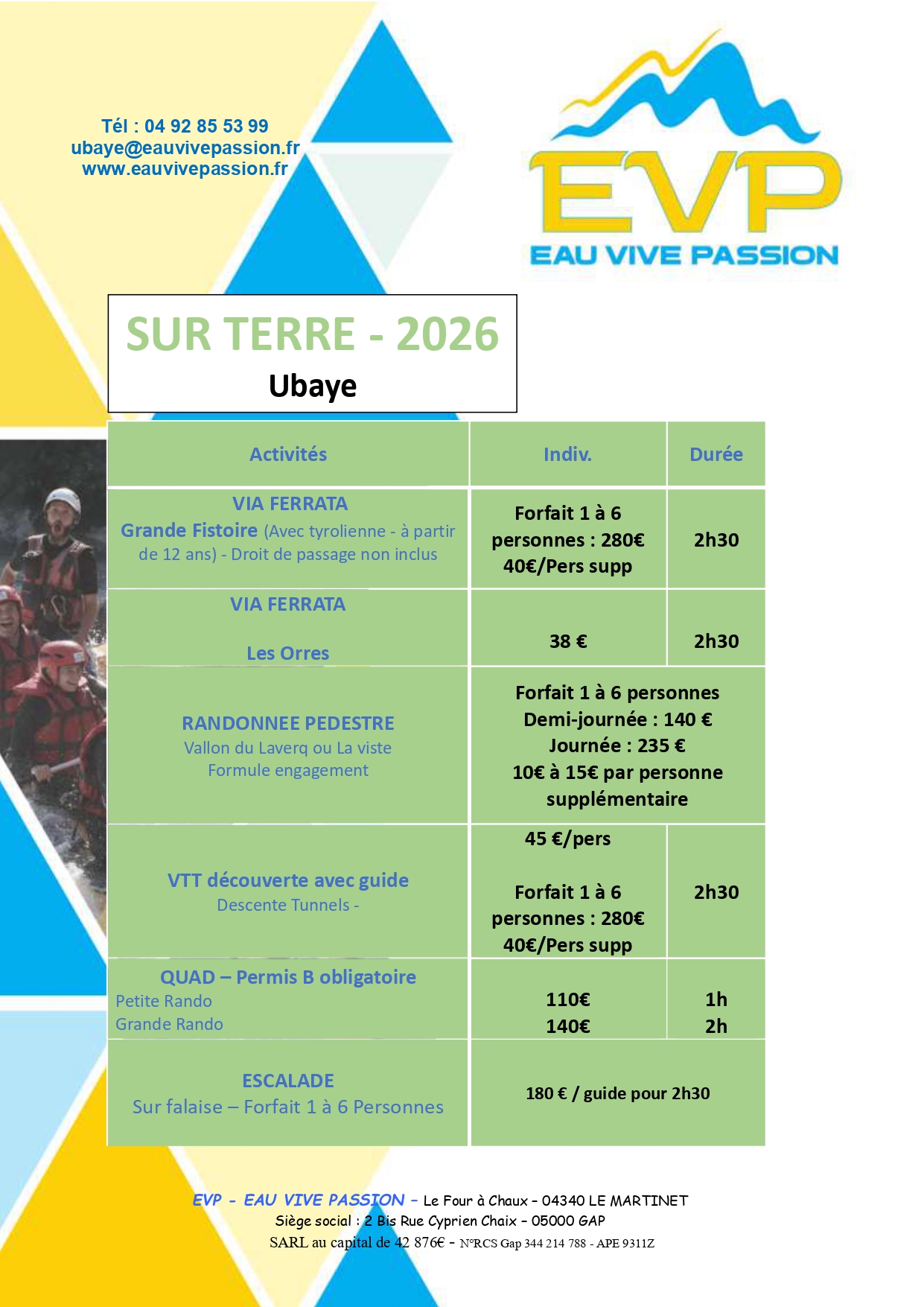 Tarifs 2026 EVP montagne Ubaye
